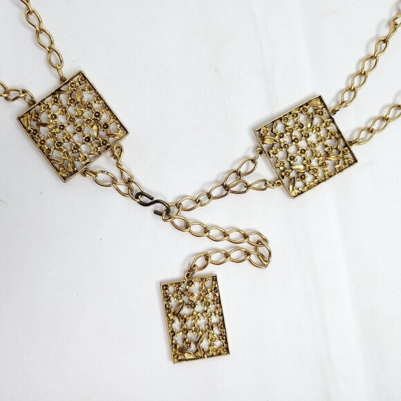 Vintage 80s Goldtone Chain Link Floral Belt Wrap Retro Boho - Picture 2 of 2